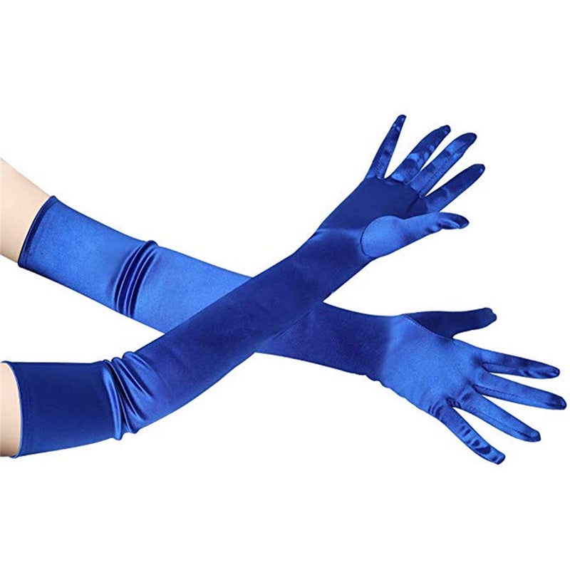 DreamHigh Women's Party Wedding 21" Long Satin Finger Gloves Blue - Image 3